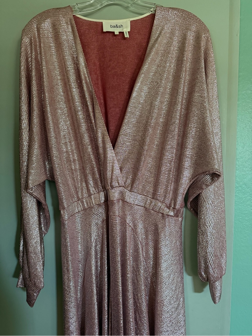 ba&sh Metallic Rose Gold V-Neck Wrap Dress